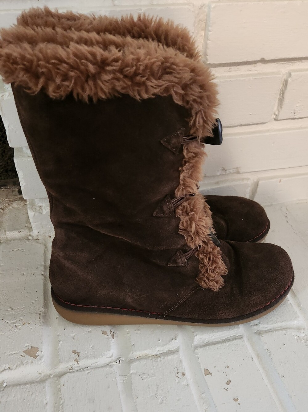Earth Shoe Wyandot Brown Faux Fur-Trim Suede Women's Winter Boots, Size 10